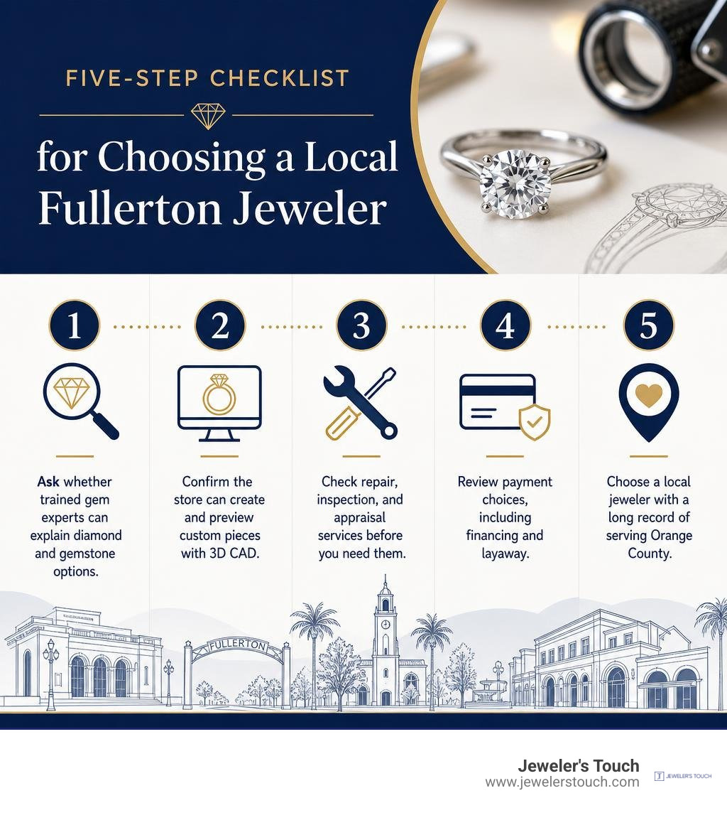 Five-step checklist for choosing a local Fullerton jeweler infographic Five-step checklist for choosing a local Fullerton jeweler infographic