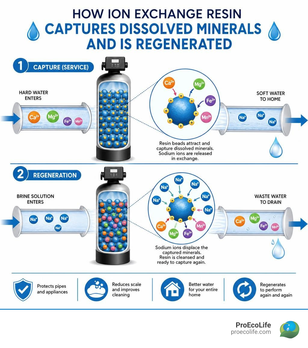 How ion exchange resin captures dissolved minerals and is regenerated infographic How ion exchange resin captures dissolved minerals and is regenerated infographic