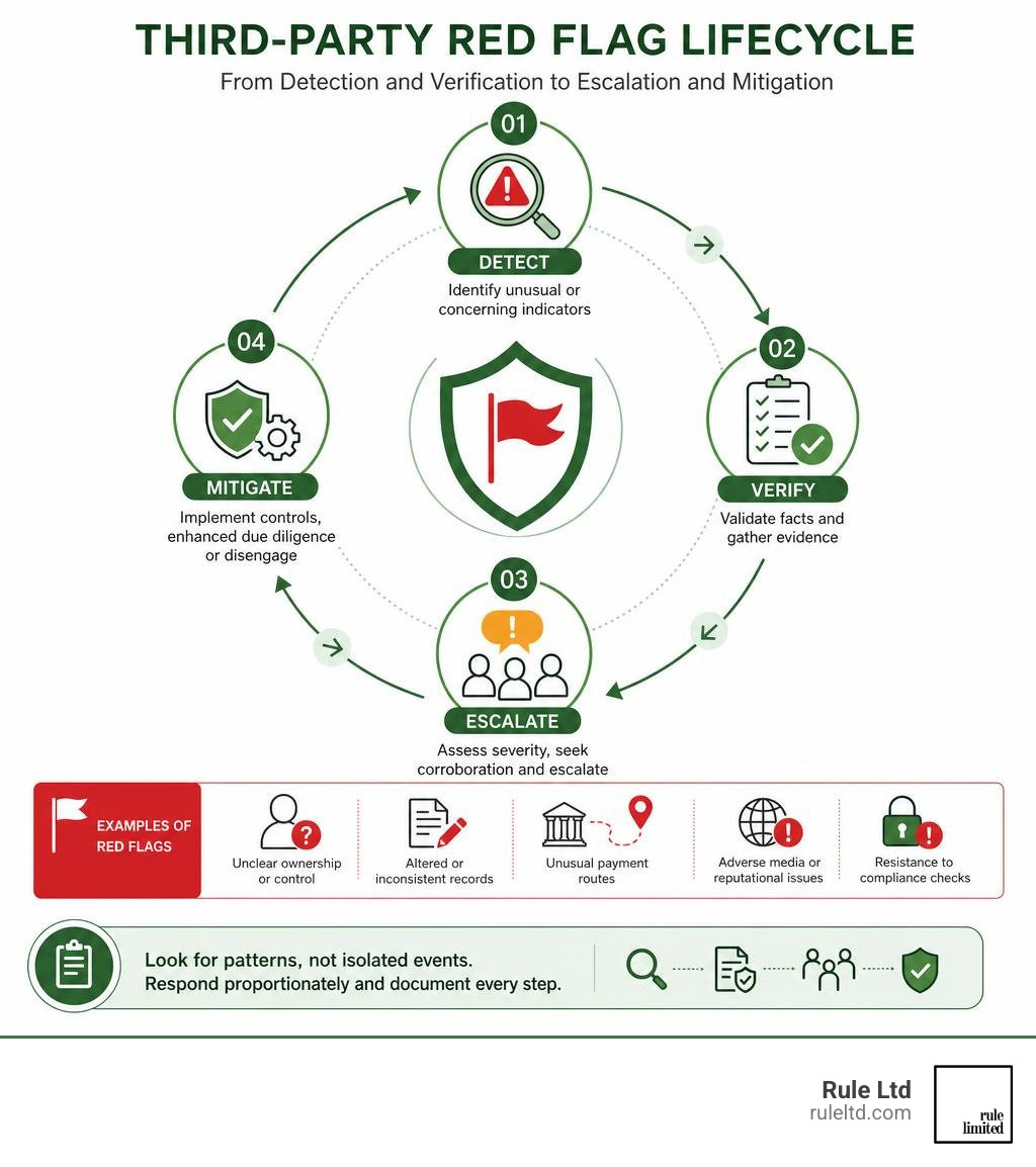 Third-party red flag lifecycle from detection and verification to escalation and mitigation infographic