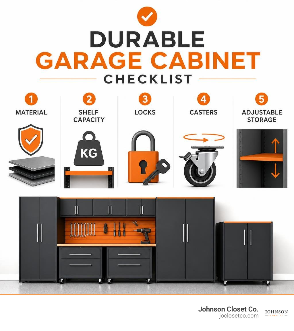 Durable garage cabinet checklist:material, shelf capacity, locks, casters, and adjustable storage infographic