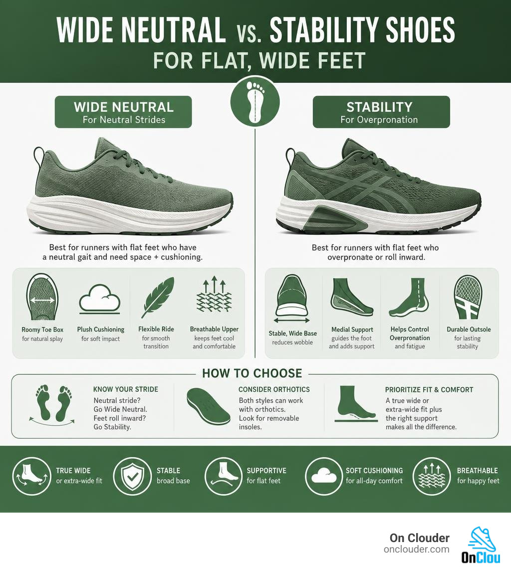 Infographic comparing wide neutral and stability shoes for flat wide feet infographic Infographic comparing wide neutral and stability shoes for flat wide feet infographic