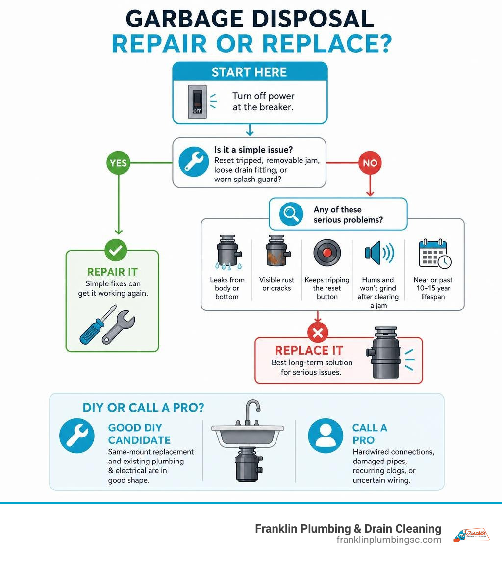 Garbage disposal repair versus replacement decision tree infographic