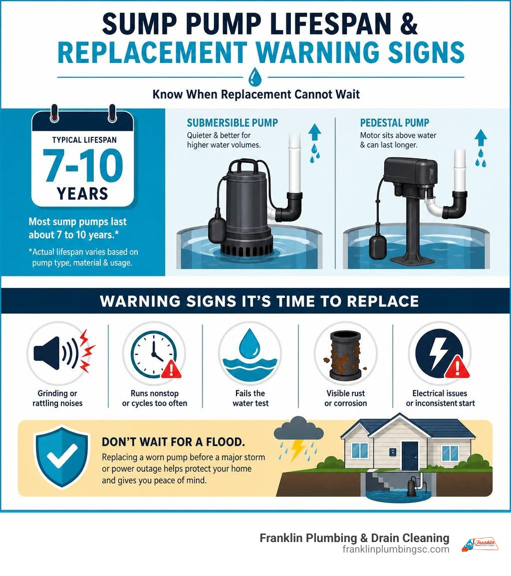 Sump pump lifespan and replacement warning signs infographic