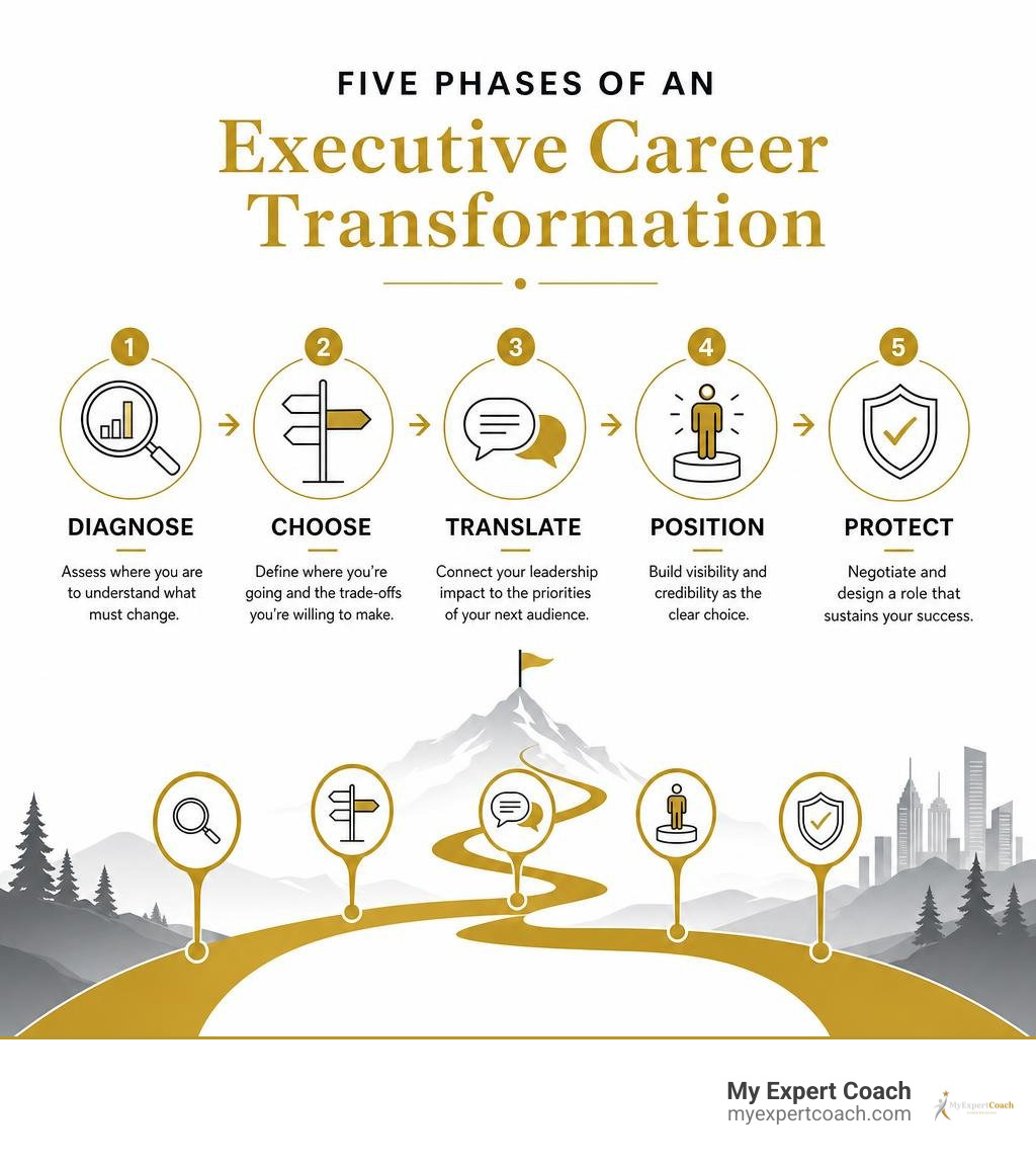 Five phases of an executive career transformation: diagnose, choose, translate, position, protect infographic Five phases of an executive career transformation: diagnose, choose, translate, position, protect infographic