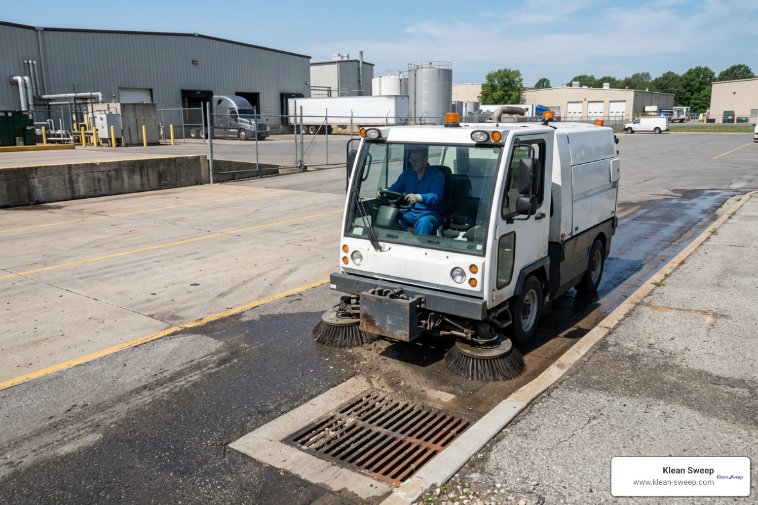 Commercial power sweeping vehicle maintaining an industrial facility storm drain