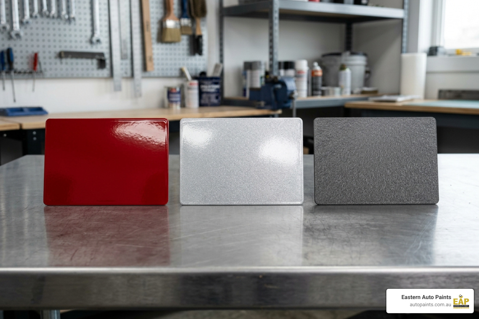 Categories of powder coat finishes including solid, metallic and textured surfaces Categories of powder coat finishes including solid, metallic and textured surfaces