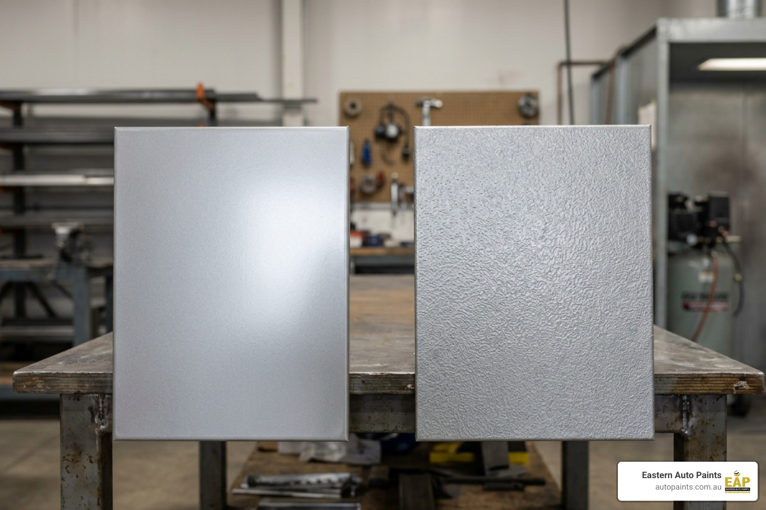 Comparison of smooth metallic versus textured ripple powder coat finishes Comparison of smooth metallic versus textured ripple powder coat finishes