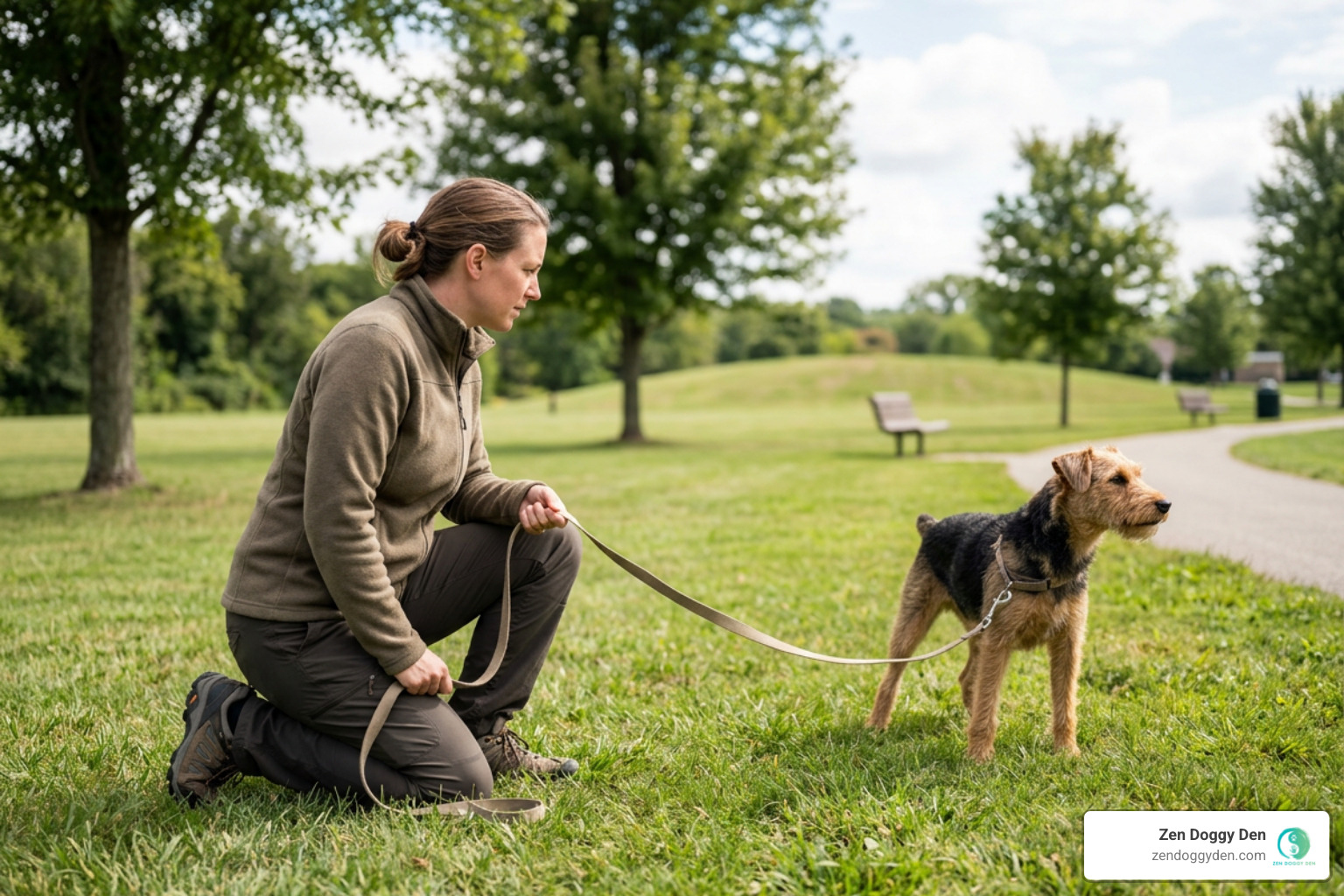 Trainer observing canine body language and leash reactivity from a safe distance Trainer observing canine body language and leash reactivity from a safe distance