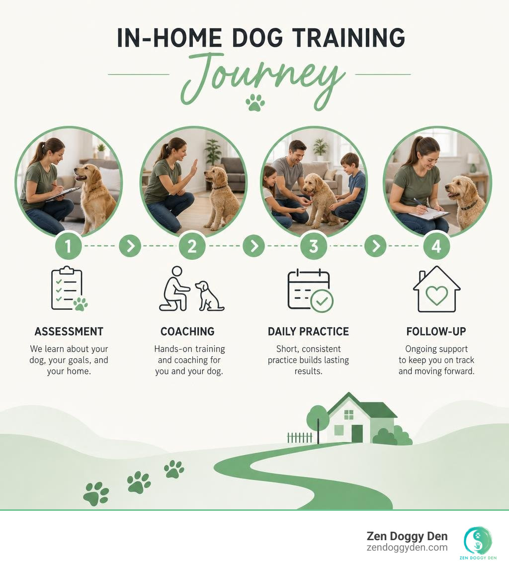 In-home dog training journey: assessment, coaching, daily practice, follow-up infographic In-home dog training journey: assessment, coaching, daily practice, follow-up infographic