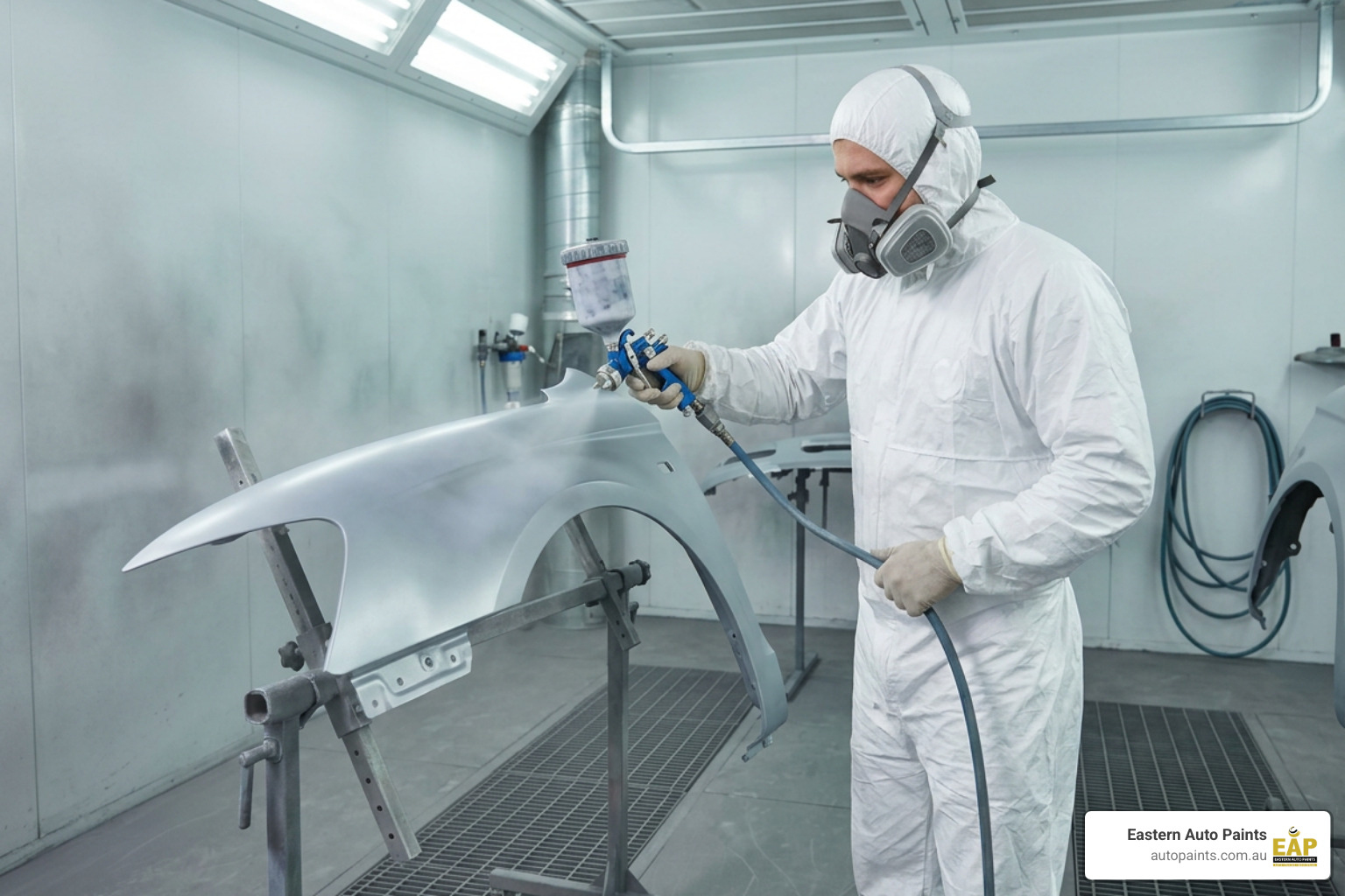 Painter applying two-pack primer wearing a fitted respirator in a spray booth