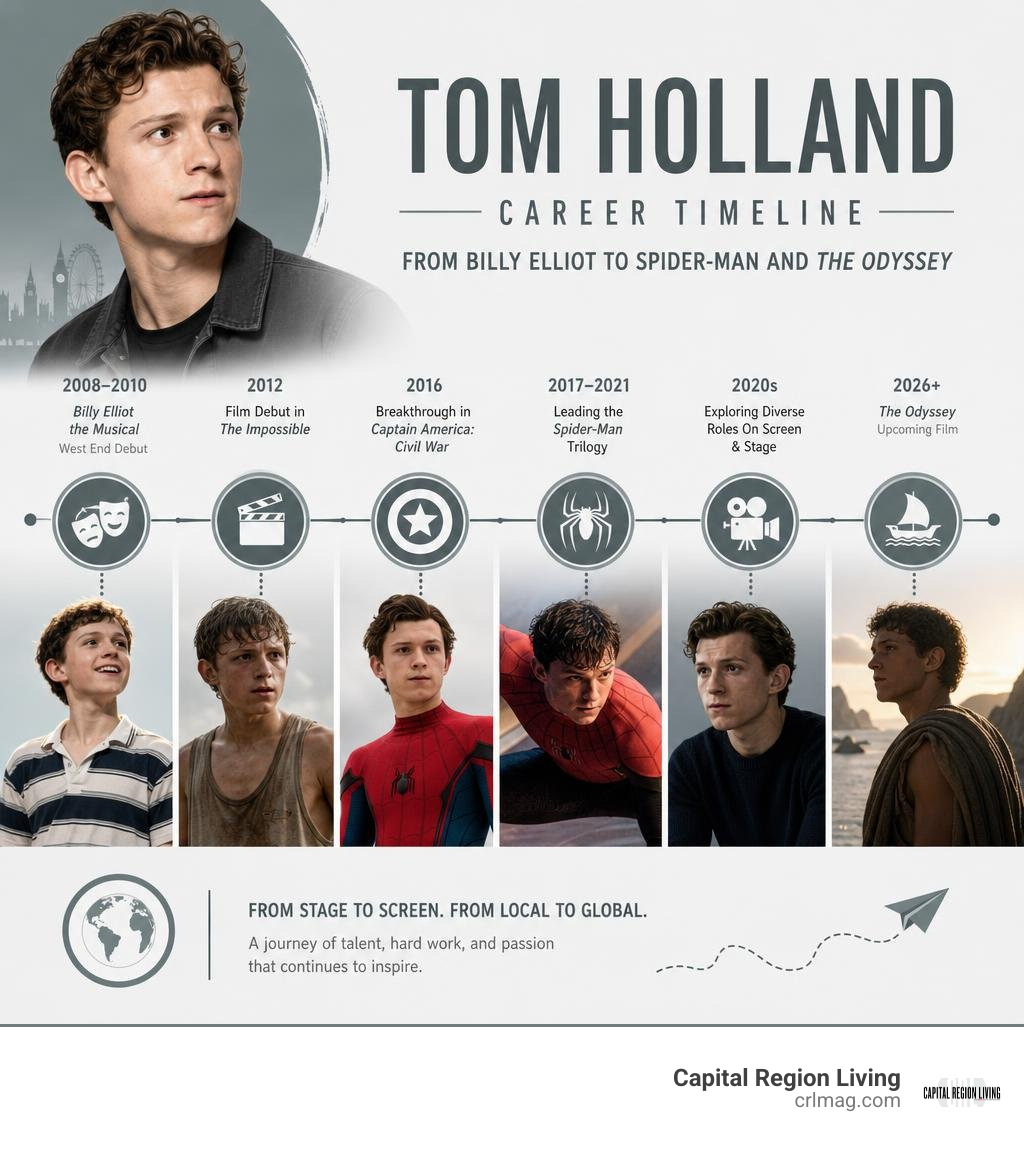 Tom Holland career timeline from Billy Elliot to Spider-Man and The Odyssey infographic