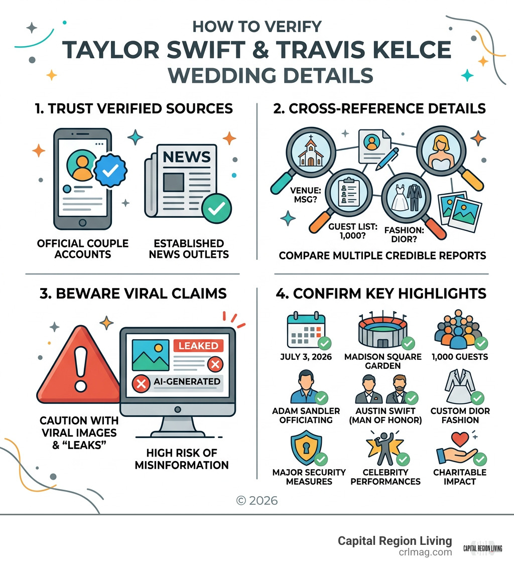 Infographic showing where to verify Taylor Swift wedding details infographic