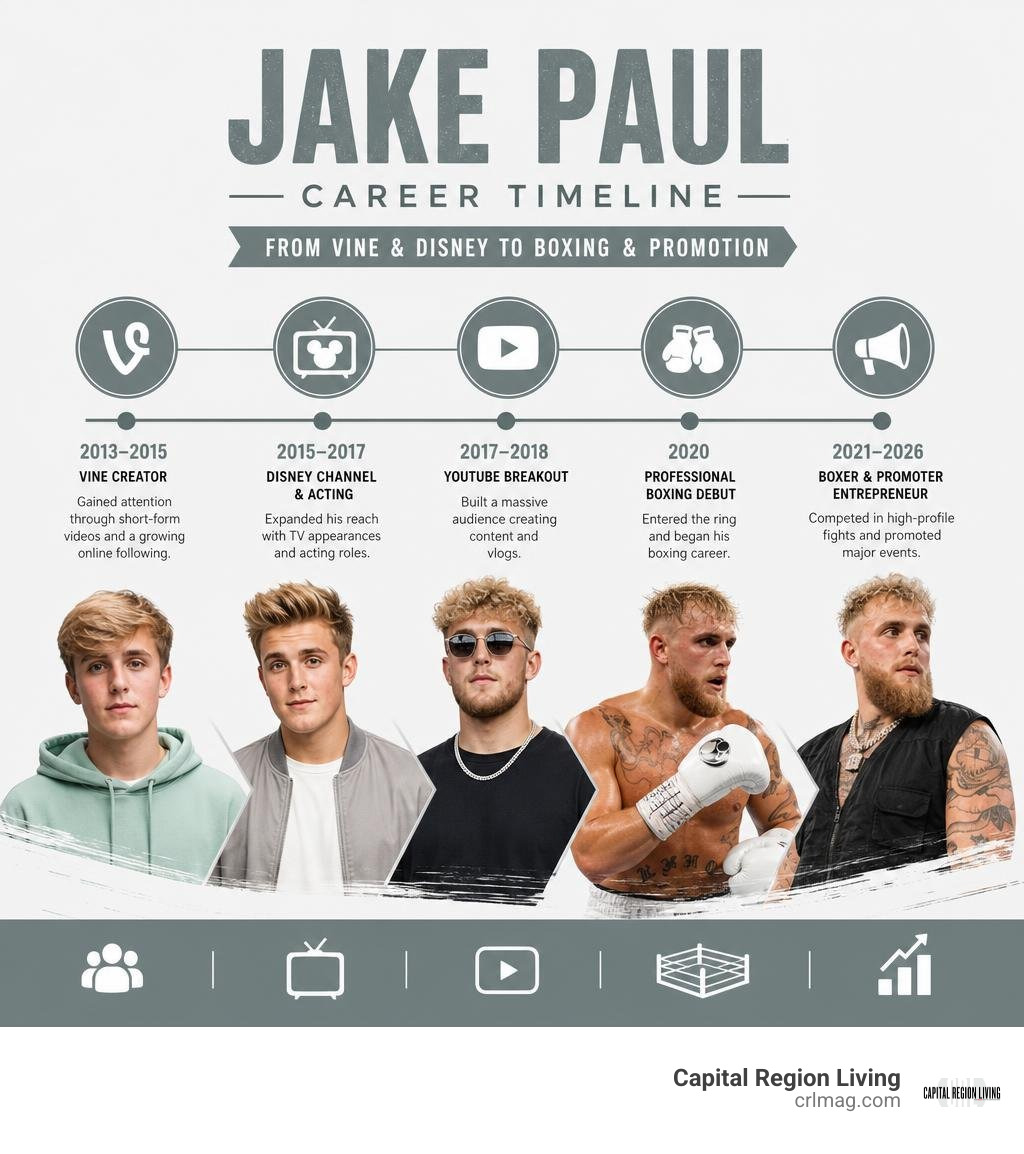 Jake Paul career timeline from Vine and Disney to professional boxing and promotion infographic