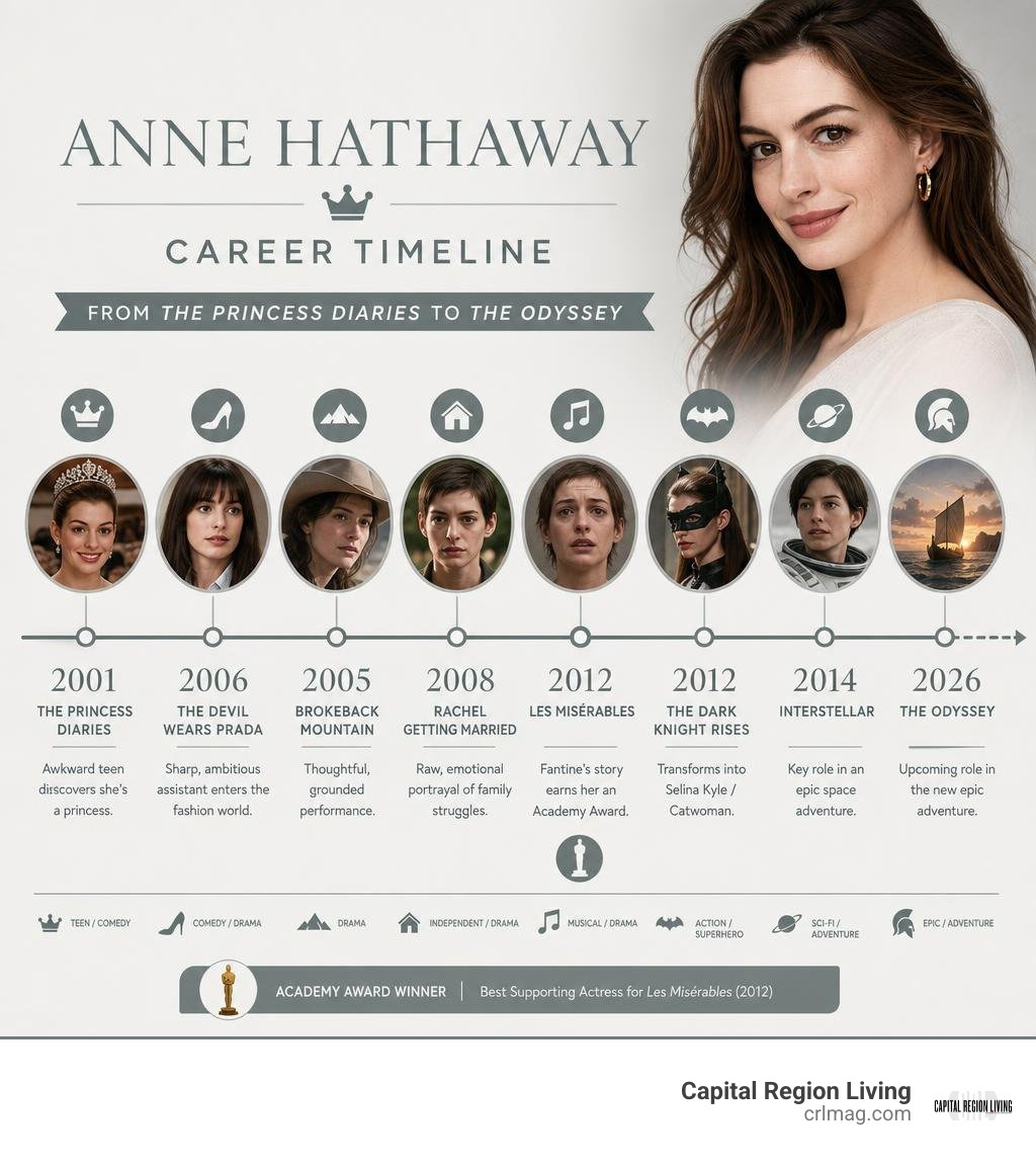 Anne Hathaway career timeline from The Princess Diaries to The Odyssey infographic Anne Hathaway career timeline from The Princess Diaries to The Odyssey infographic