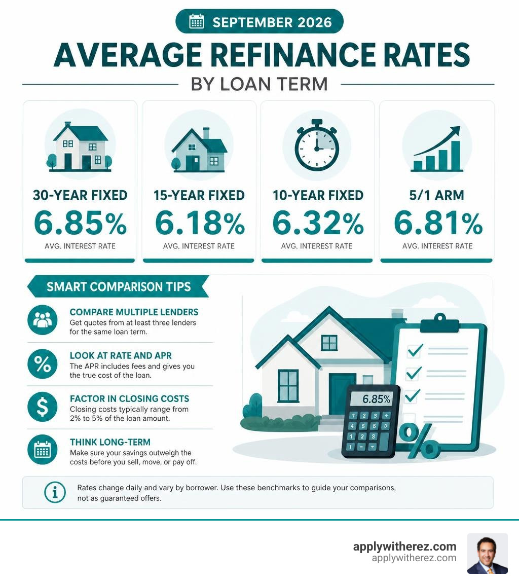 September 2026 average refinance rates by loan term and comparison tips infographic