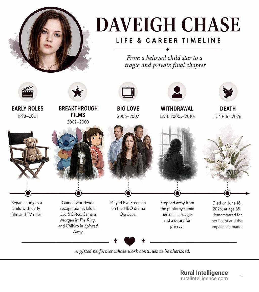 Daveigh Chase life and career timeline: early roles, breakthrough films, Big Love, withdrawal, death infographic Daveigh Chase life and career timeline: early roles, breakthrough films, Big Love, withdrawal, death infographic