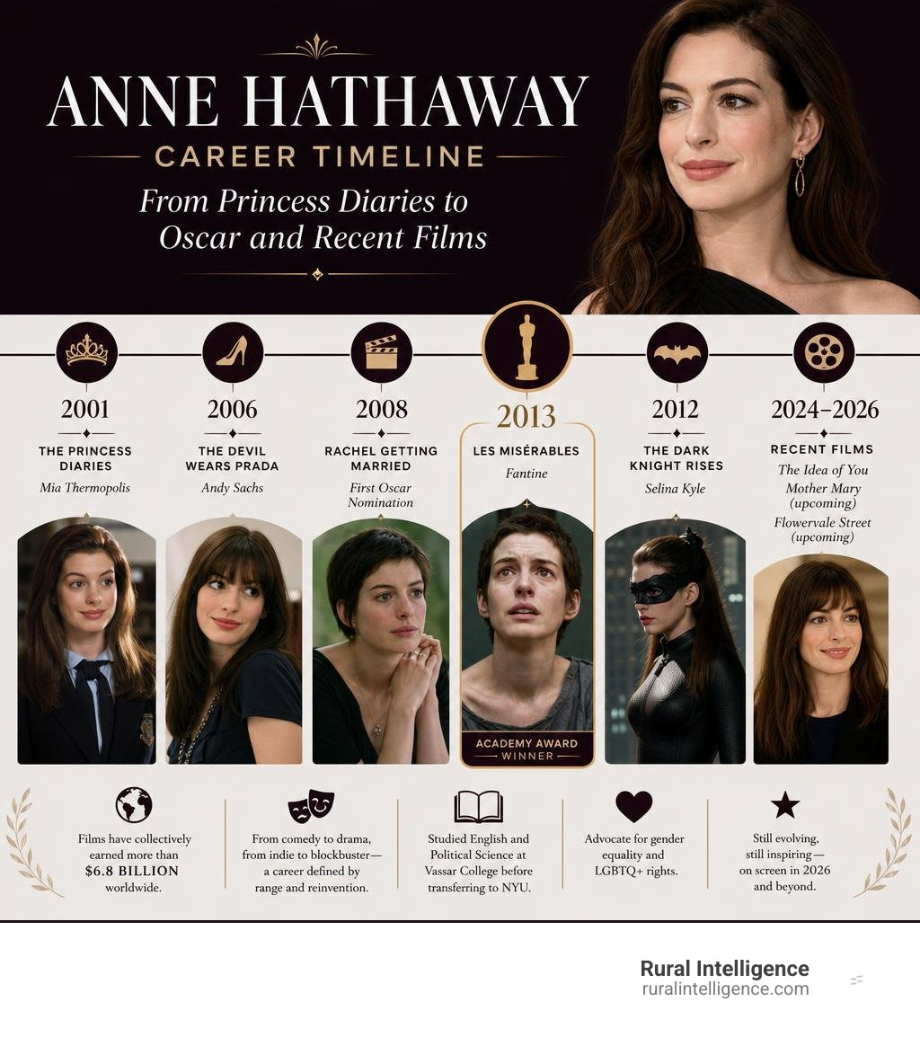 Anne Hathaway career timeline from Princess Diaries to Oscar and recent films infographic Anne Hathaway career timeline from Princess Diaries to Oscar and recent films infographic