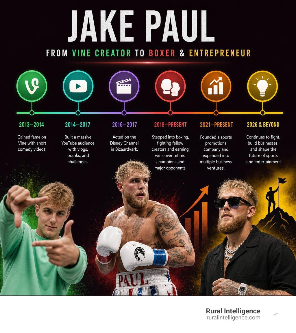 Timeline of Jake Paul's career from Vine creator to boxer and entrepreneur infographic Timeline of Jake Paul's career from Vine creator to boxer and entrepreneur infographic