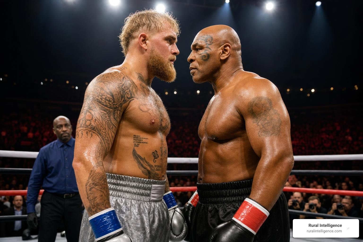 Jake Paul facing Mike Tyson in the ring Jake Paul facing Mike Tyson in the ring