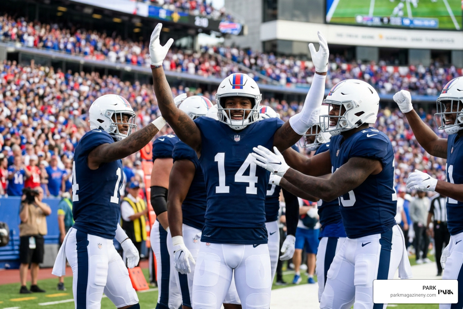 Stefon Diggs celebrating with teammates on the sideline Stefon Diggs celebrating with teammates on the sideline