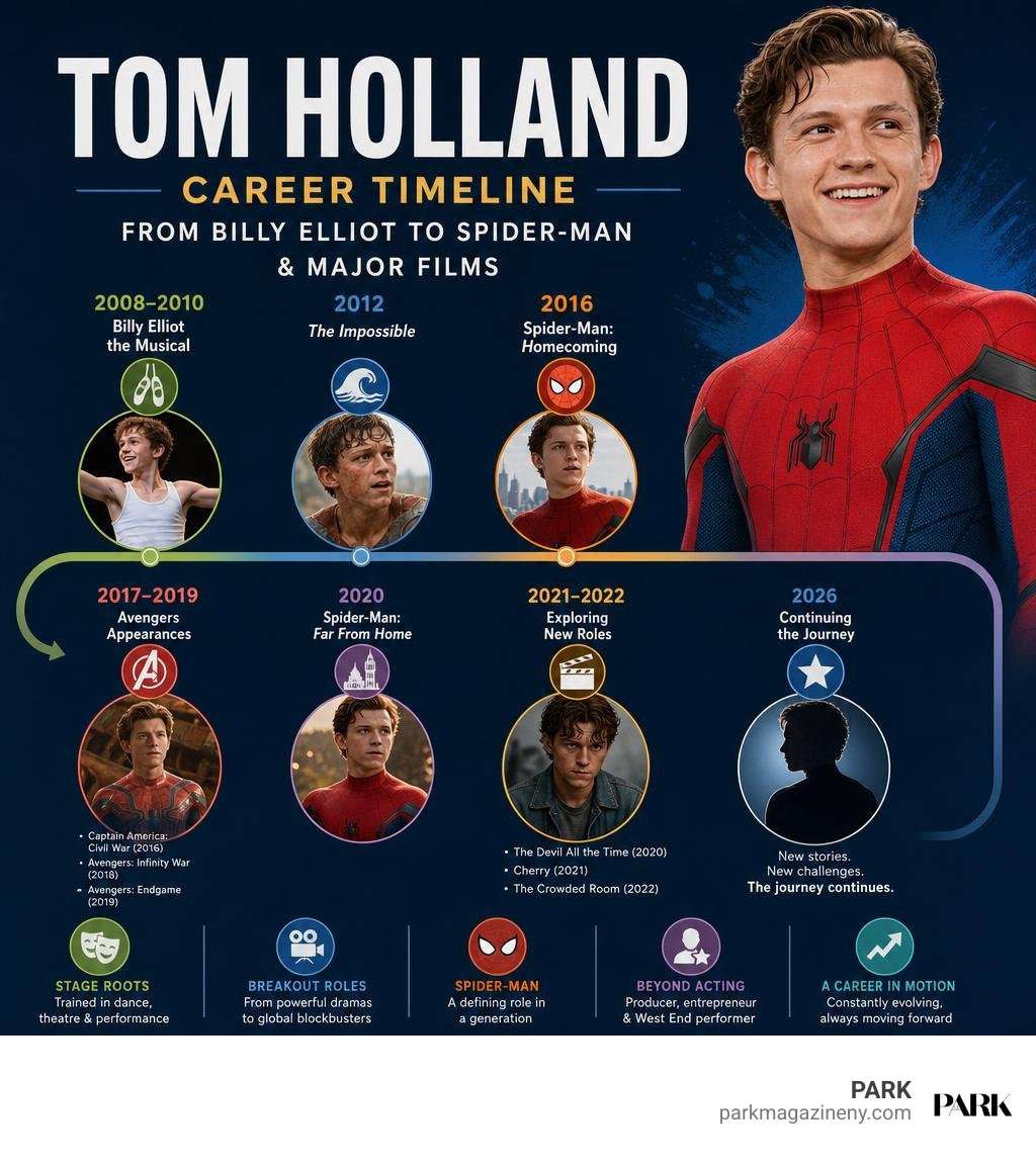 Tom Holland career timeline from Billy Elliot to Spider-Man and major films infographic Tom Holland career timeline from Billy Elliot to Spider-Man and major films infographic