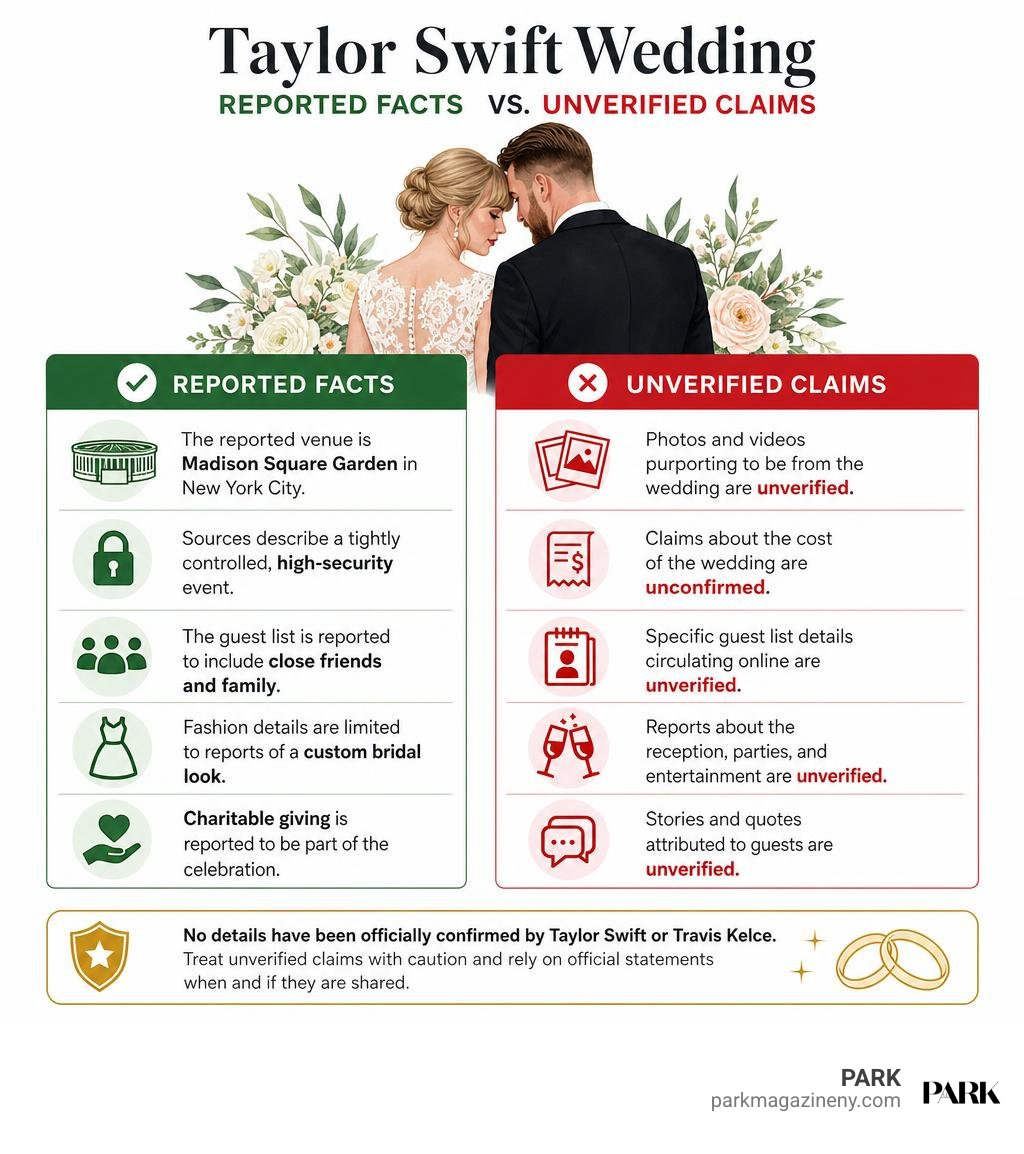 Taylor Swift wedding reported facts versus unverified claims infographic
