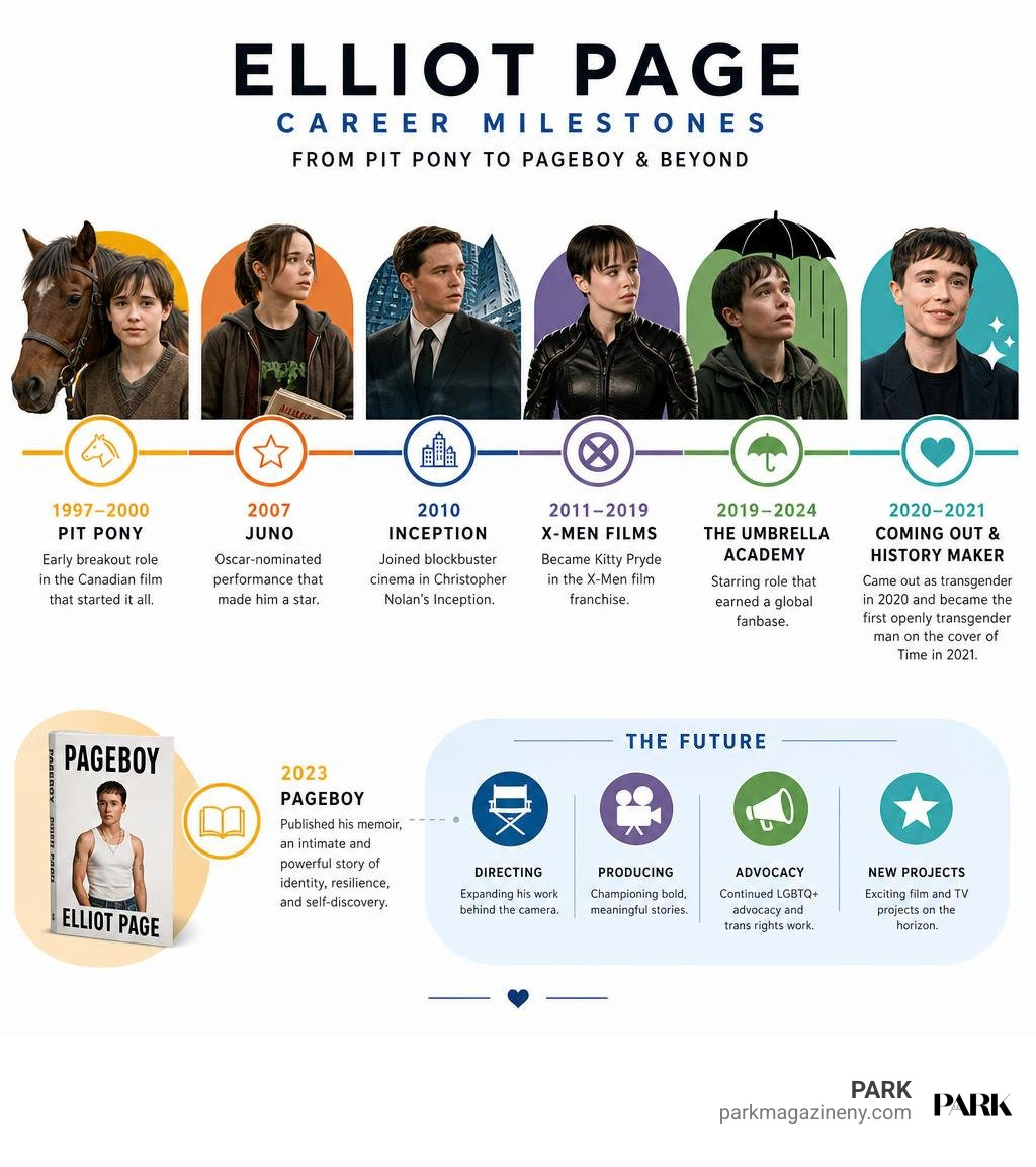 Infographic of Elliot Page career milestones from Pit Pony to Pageboy and future projects infographic