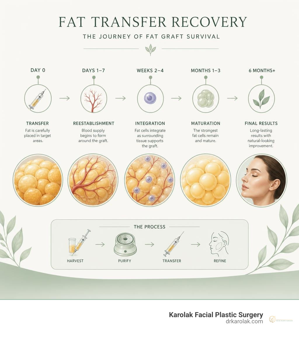 Biological stages of fat graft survival from procedure day to 6-month final results infographic Biological stages of fat graft survival from procedure day to 6-month final results infographic