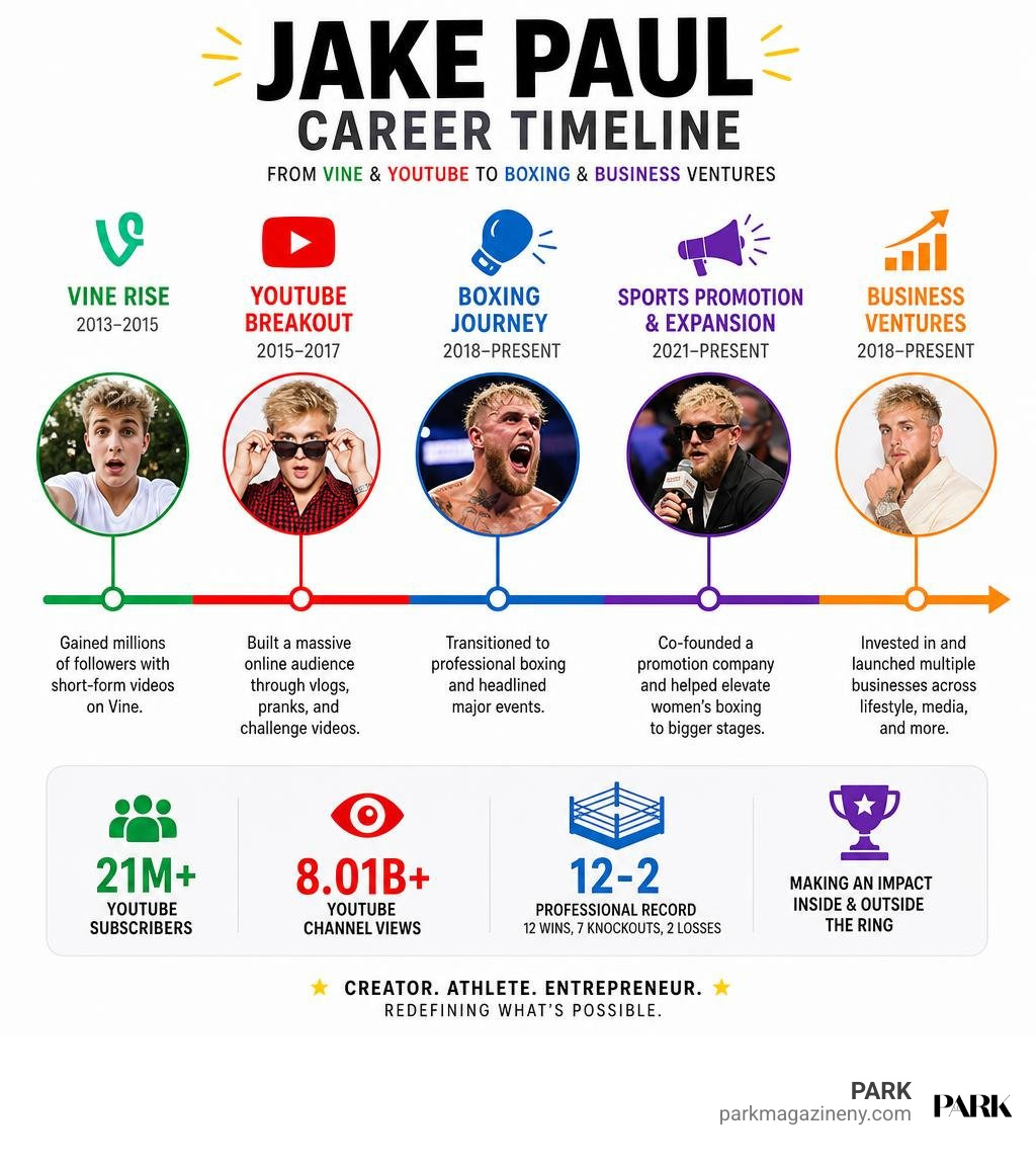 Jake Paul career timeline from Vine and YouTube to boxing and business ventures infographic Jake Paul career timeline from Vine and YouTube to boxing and business ventures infographic