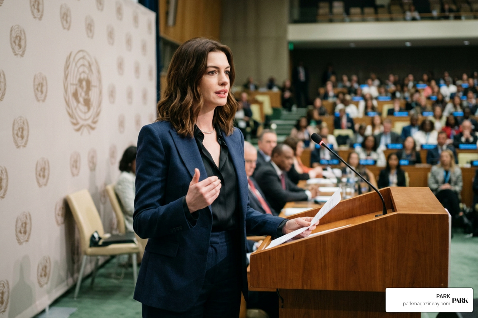 Anne Hathaway speaking at a United Nations event on gender equality Anne Hathaway speaking at a United Nations event on gender equality