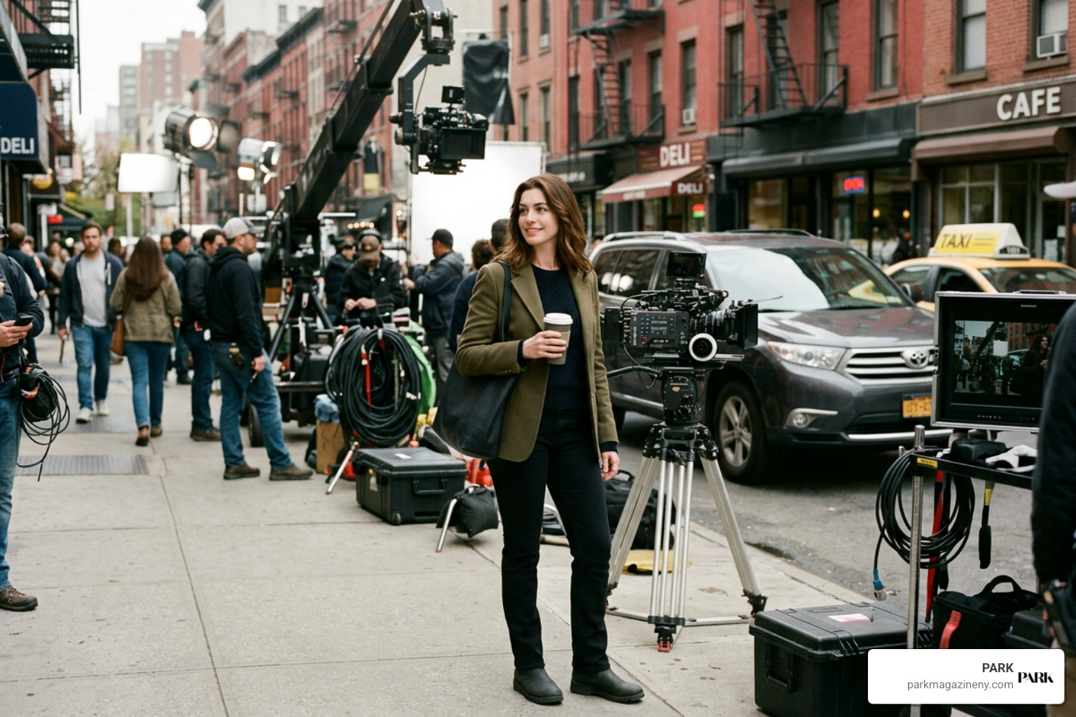 Anne Hathaway on a New York film set Anne Hathaway on a New York film set
