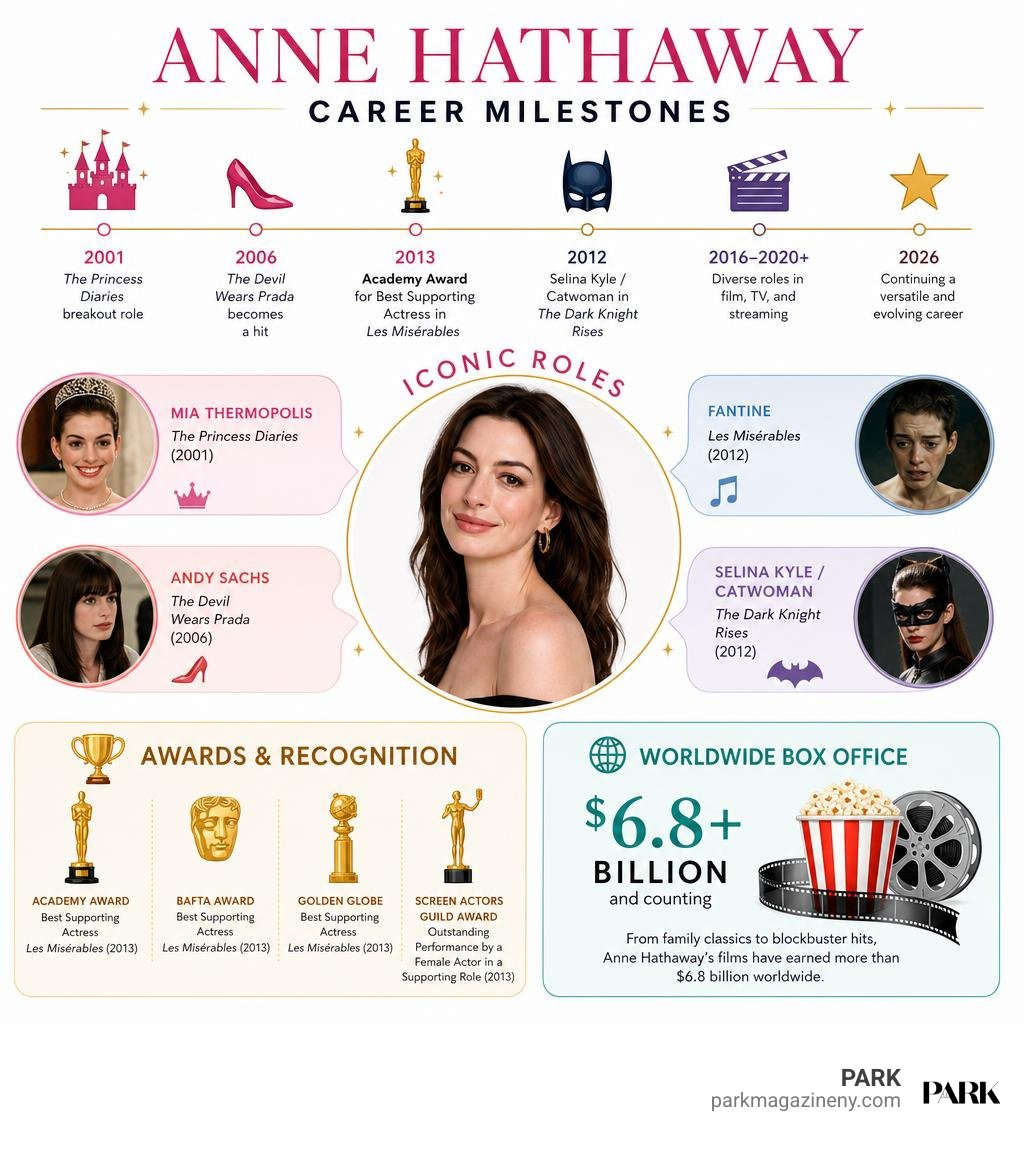 Anne Hathaway career milestones, iconic roles, awards, and worldwide box office infographic Anne Hathaway career milestones, iconic roles, awards, and worldwide box office infographic