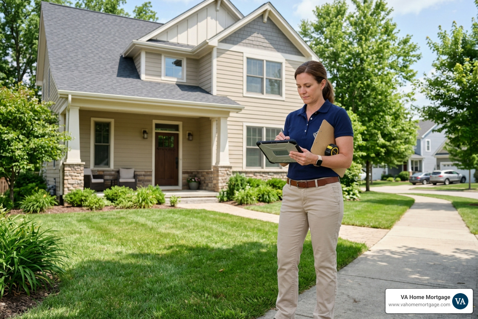 Real estate appraiser evaluating a residential home exterior Real estate appraiser evaluating a residential home exterior