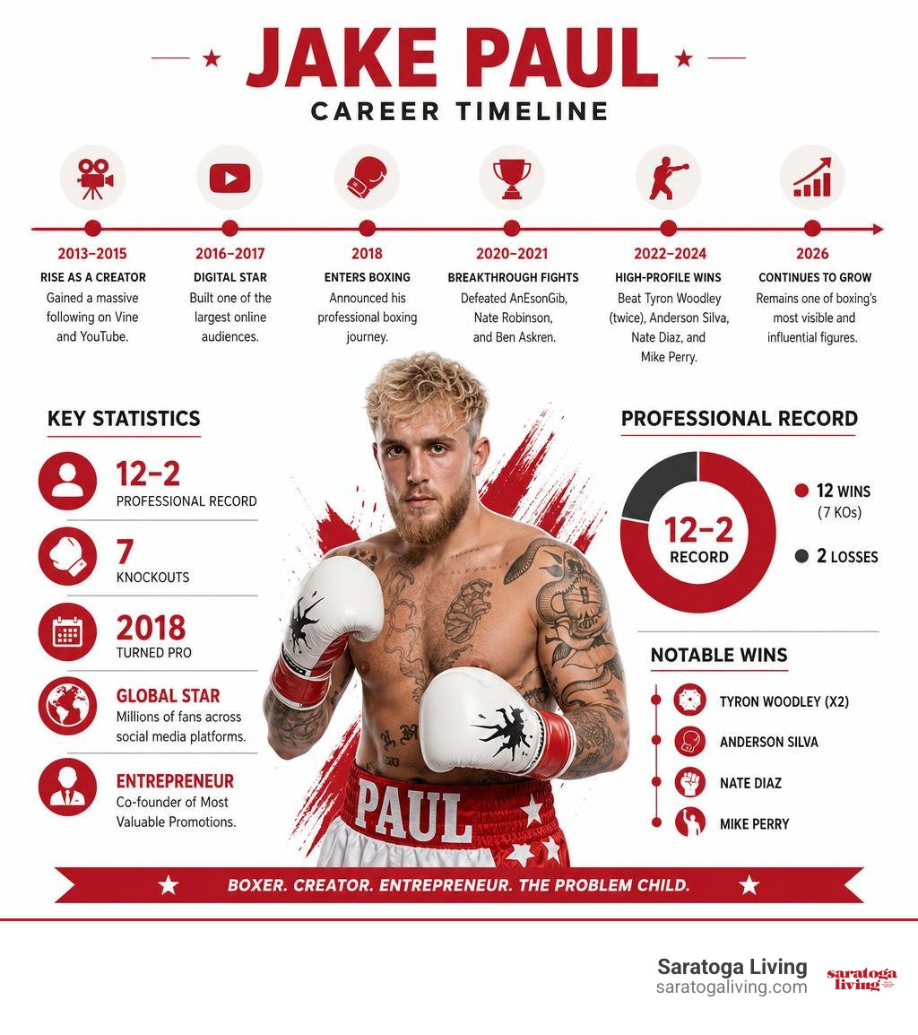 Jake Paul career timeline and key statistics infographic Jake Paul career timeline and key statistics infographic