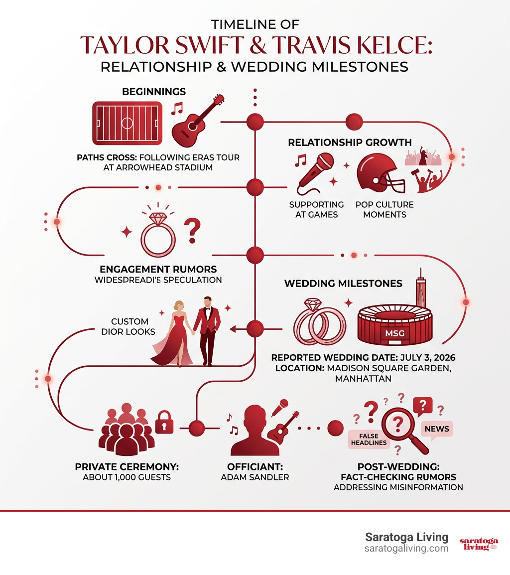 Timeline of Taylor Swift and Travis Kelce relationship and wedding milestones infographic Timeline of Taylor Swift and Travis Kelce relationship and wedding milestones infographic