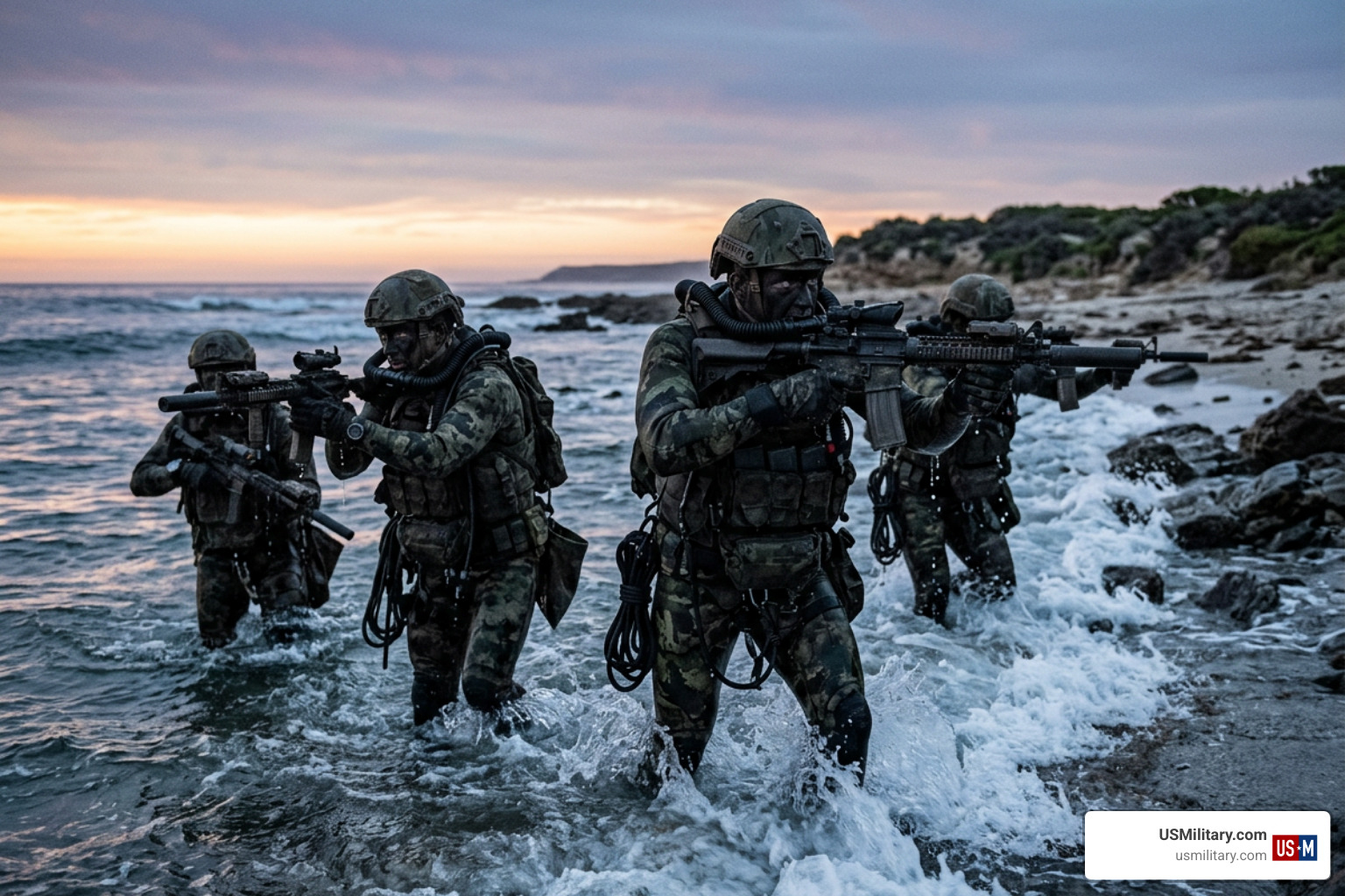 US Navy SEAL combat divers conducting open-circuit amphibious tactical insertion