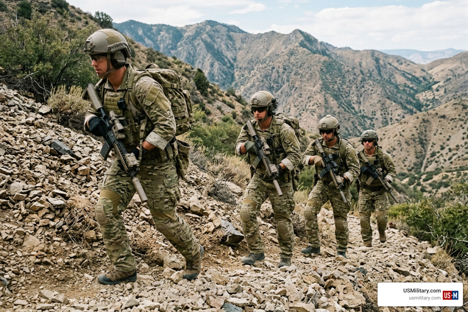 United States Navy SEAL operators patrolling rough terrain during tactical training