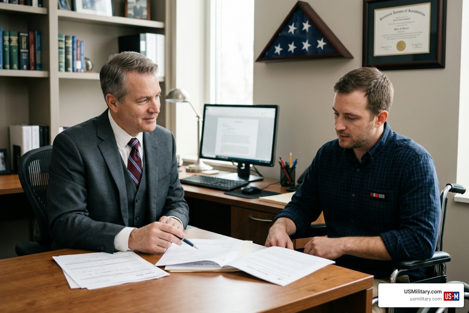 Accredited legal representative consulting with an injured veteran