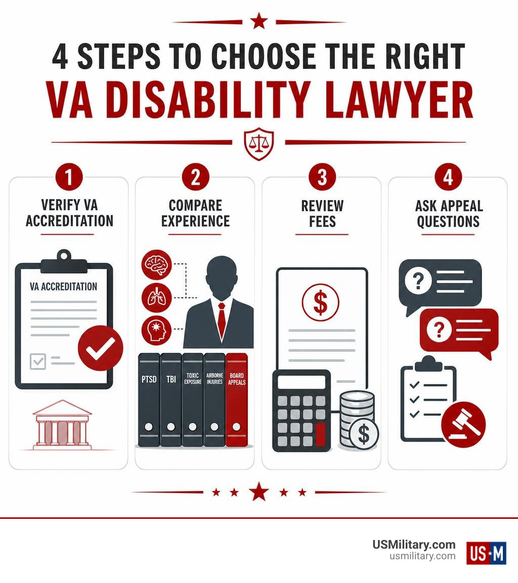 Infographic: verify accreditation, compare experience, review fees, and ask appeal questions infographic