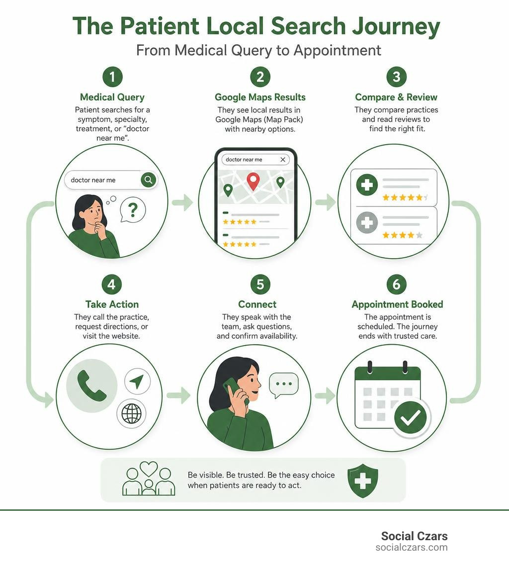 Patient local search journey from medical query to Google Maps, reviews, call, and appointment