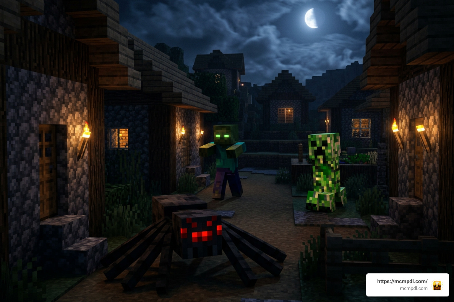 Darkened Minecraft village under attack by transformed monsters Darkened Minecraft village under attack by transformed monsters