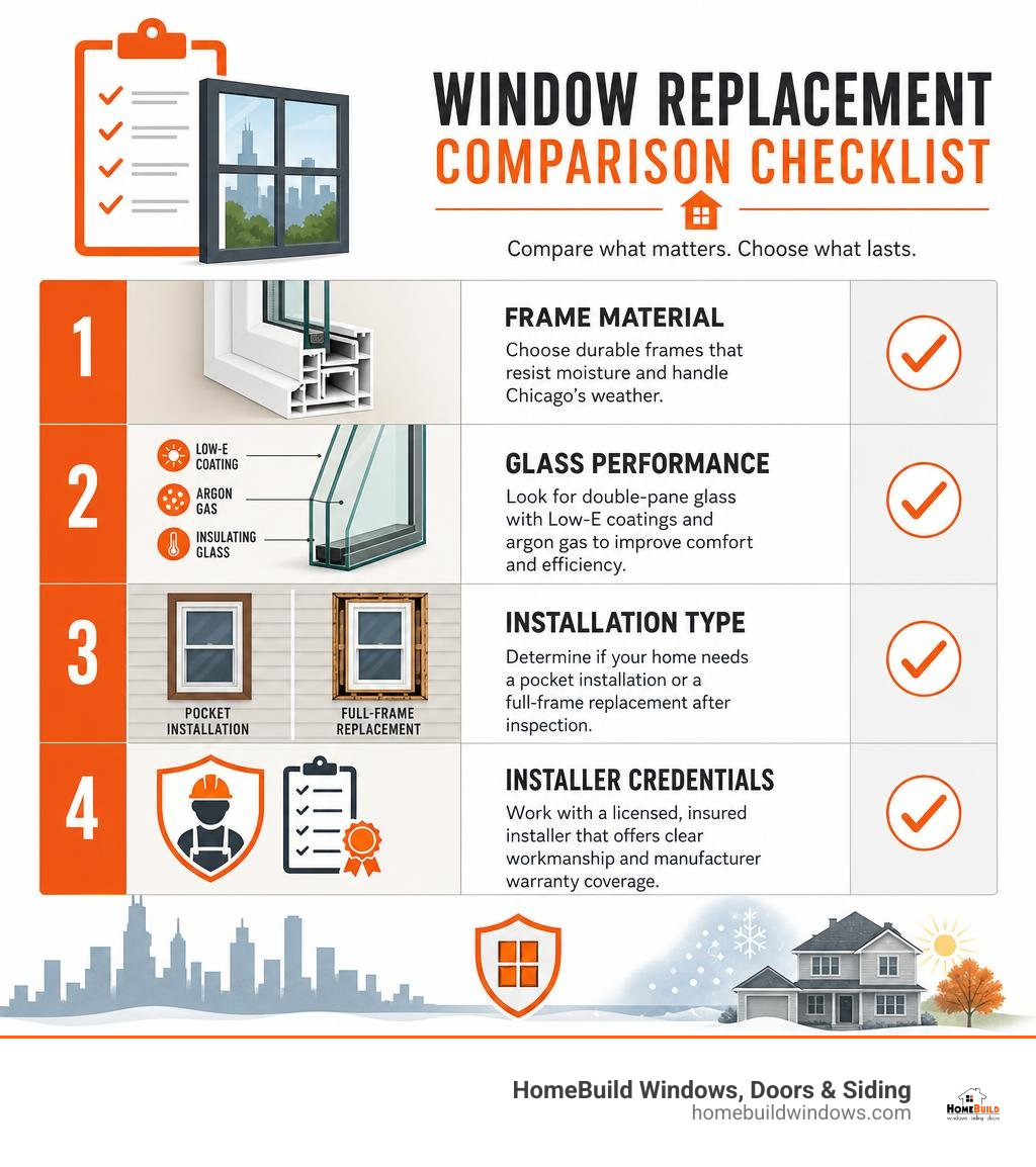 Window replacement comparison checklist infographic
