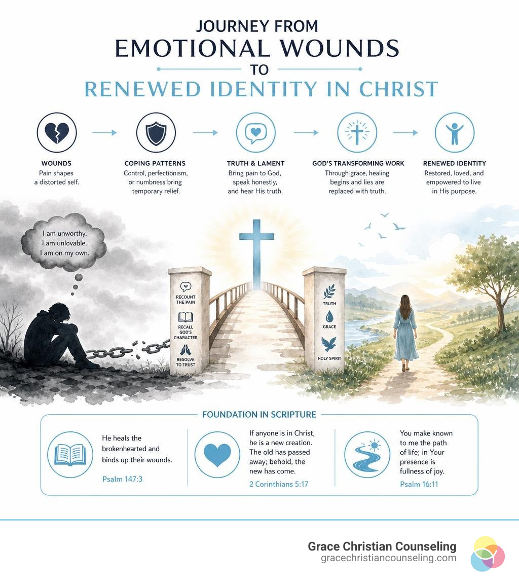 Simplified journey from emotional wounds to renewed identity in Christ infographic Simplified journey from emotional wounds to renewed identity in Christ infographic