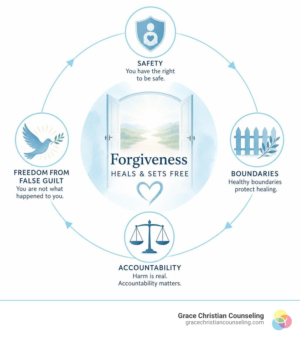 Simple infographic showing forgiveness with safety, boundaries, accountability, and freedom from false guilt infographic Simple infographic showing forgiveness with safety, boundaries, accountability, and freedom from false guilt infographic