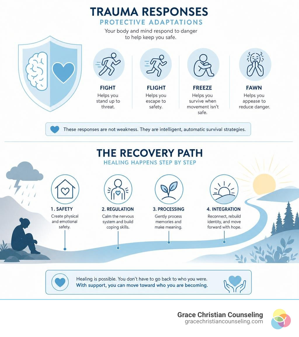 Simple clinically accurate infographic showing trauma responses as protective adaptations and the recovery path through Simple clinically accurate infographic showing trauma responses as protective adaptations and the recovery path through