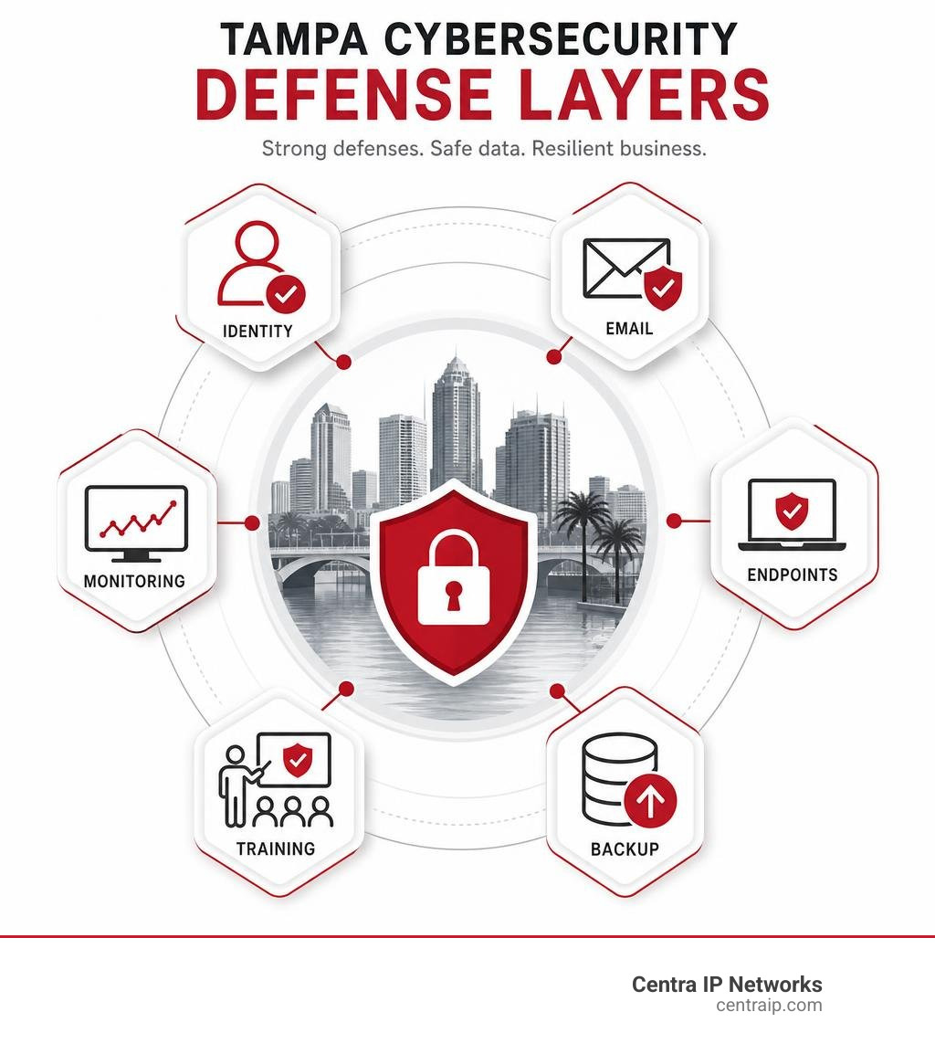 Tampa cybersecurity defense layers: identity, email, endpoints, monitoring, backup, training infographic Tampa cybersecurity defense layers: identity, email, endpoints, monitoring, backup, training infographic