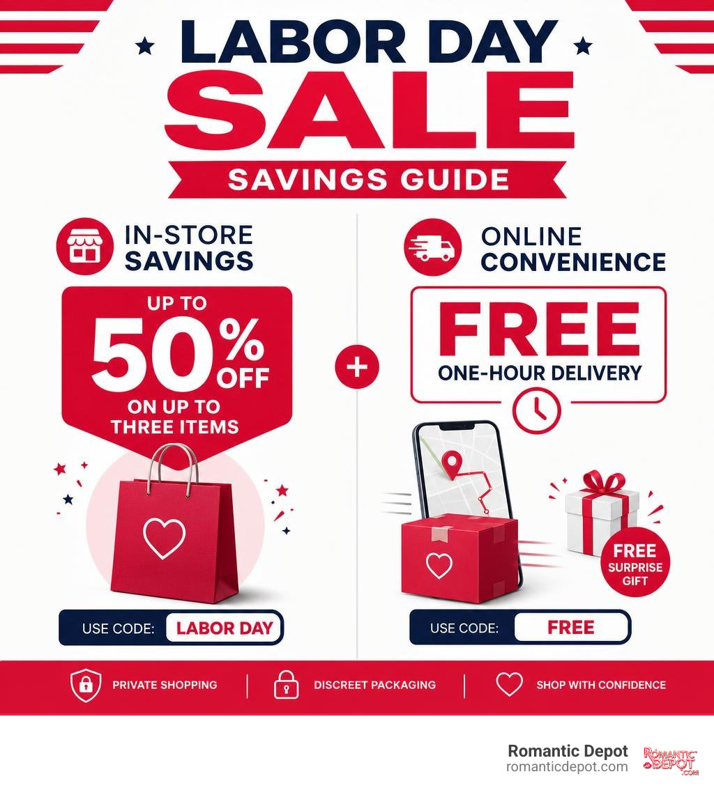 Labor Day Sale savings guide for in-store discounts and one-hour online delivery infographic Labor Day Sale savings guide for in-store discounts and one-hour online delivery infographic