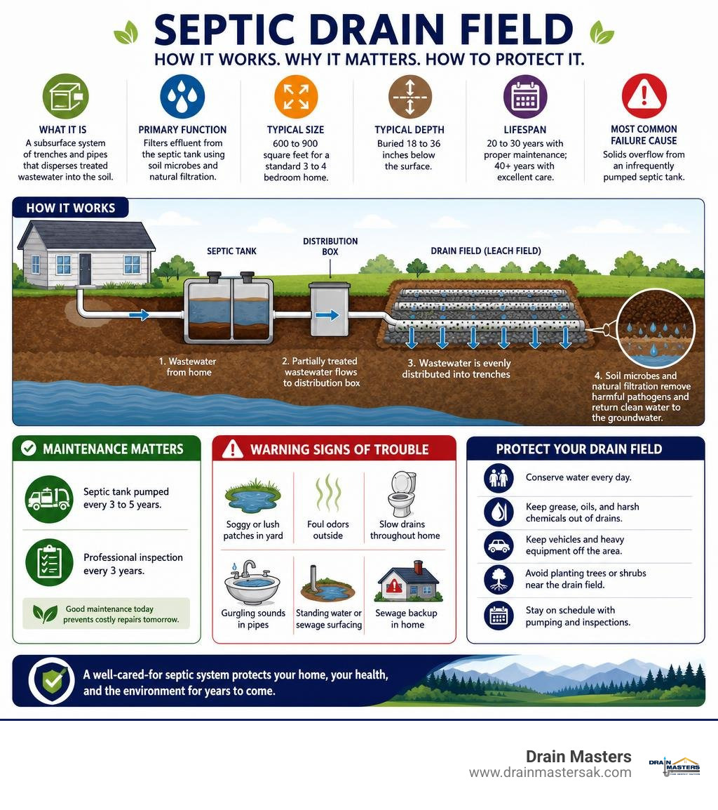 user-inserted Diagram showing how a septic drain field works, its components, and maintenance tips.
