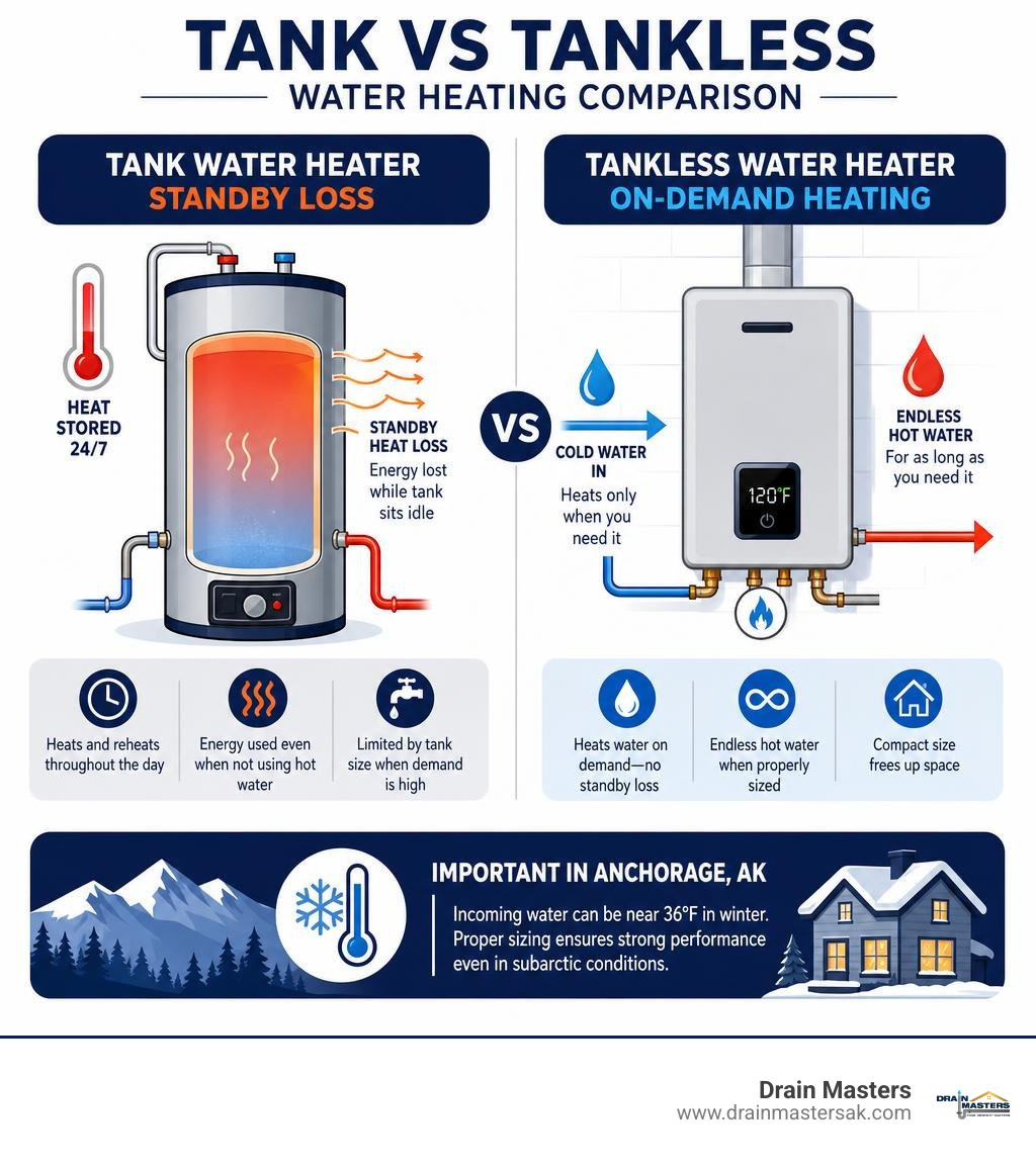 Tank vs tankless water heating comparison showing standby loss and on-demand heating infographic Tank vs tankless water heating comparison showing standby loss and on-demand heating infographic