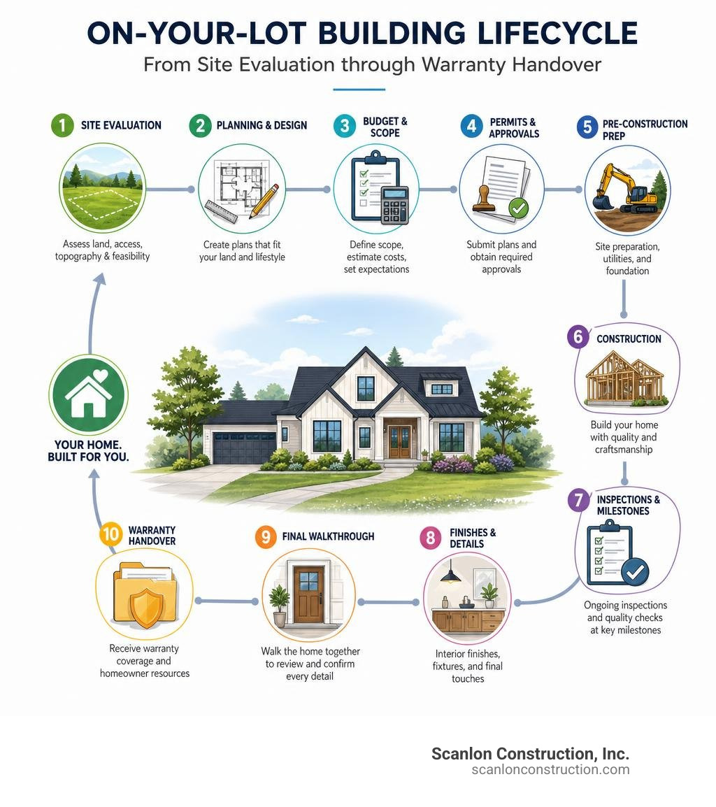 On-your-lot building lifecycle from site evaluation through warranty handover infographic On-your-lot building lifecycle from site evaluation through warranty handover infographic